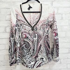 White House Black Market Beaded V-Neck Paisley Blouse Burgundy White Size 2